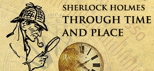 Sherlock Holmes Through Time and Place banner with a line art profile of Holmes with his iconic hat and pipe
