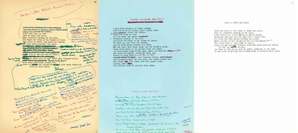 Three drafts of the poem, "Women We Never See Again." These drafts show extensive edits, not only to the body of the poem, but also several changes of title.