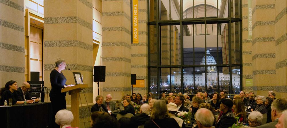 Cecily Marcus speaking at the opening reception of Penumbra at 40 at the Minnesota History Center