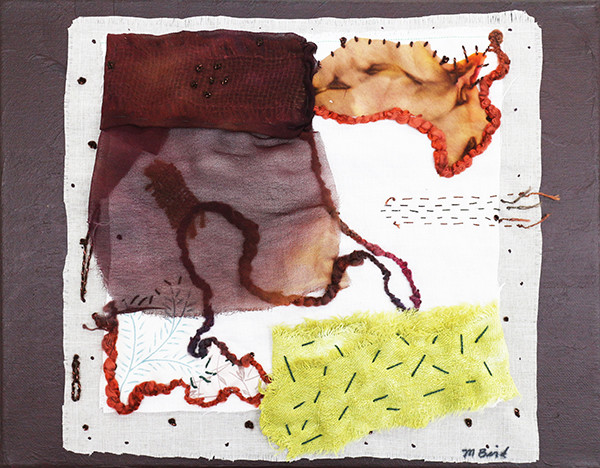 Textile art - fabric and needlework on canvas entitled "From Here to There One Step at a Time""