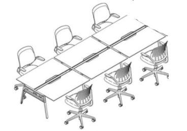 Schematic of long desk with individualized seating and office chairs.