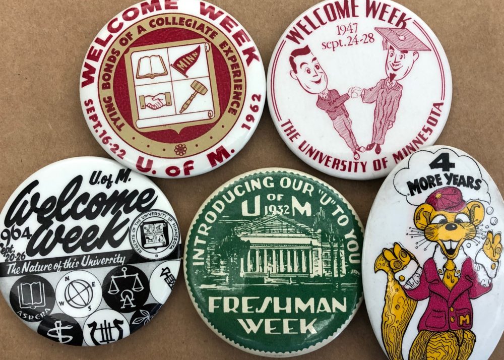 Five Welcome Week buttons from the years 1932, 1947, 1962, 1964 & 1973