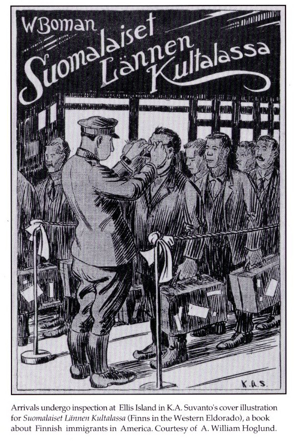 Black and white illustration by K. A. Suvantoo showing man inspecting immigrants at Ellis Island, New York