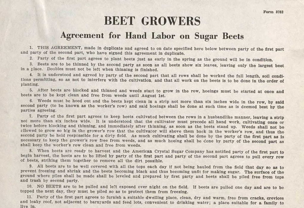 Beet Growers: Agreement for hand labor on sugar beets