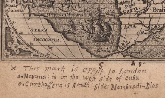 Handwritten note, marking the antipode of London on a map of the Americas, ca. 1603.