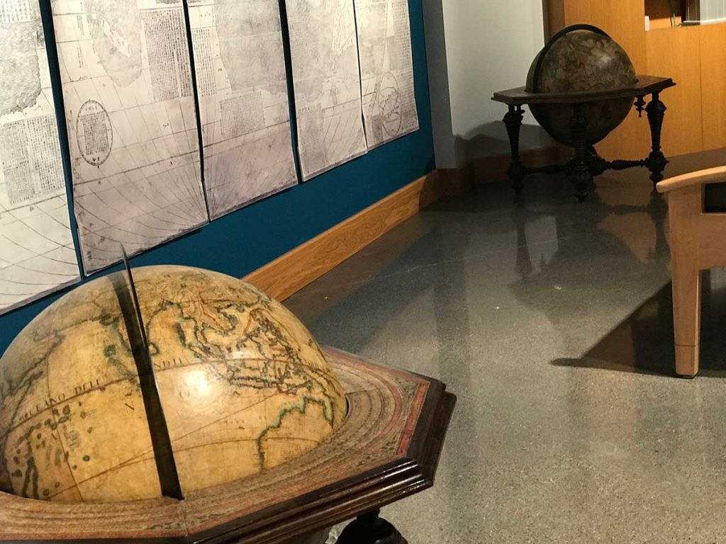 Terrestrial and celestial globes created in 1696 and now part of the James Ford Bell Library collection.