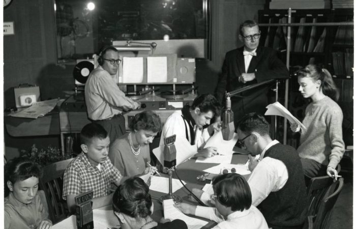 Performers and engineers broadcast and record a Minnesota School of the Air program in 1959.