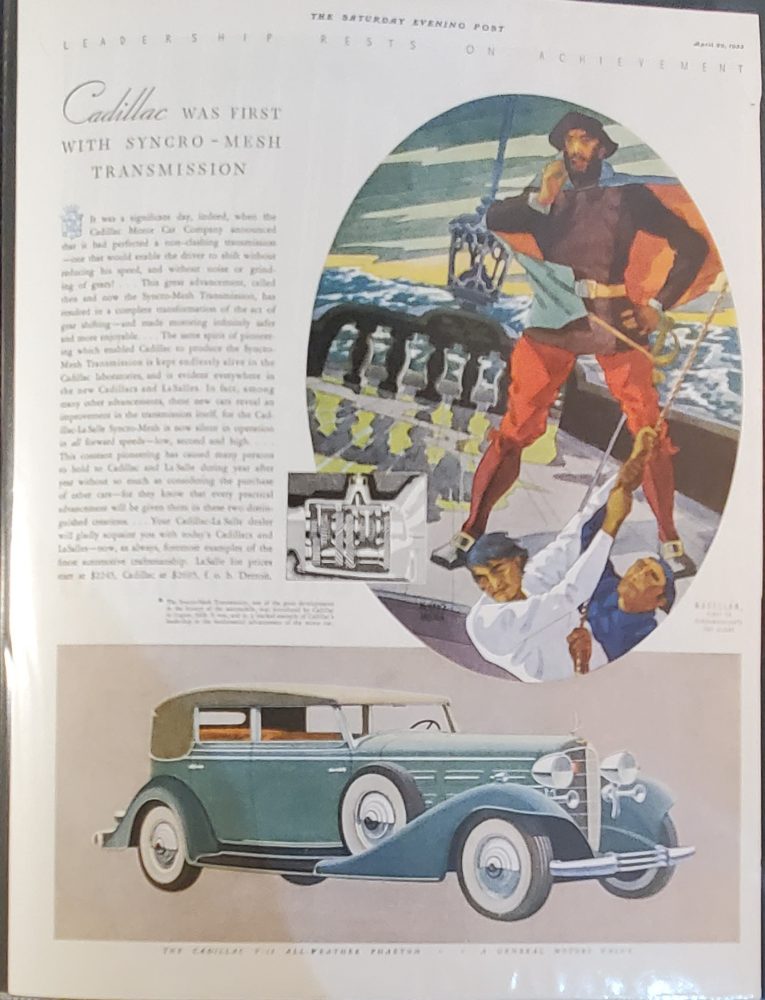 16th-century sailor on the deck of a ship (above); with 1930s, light blue, Cadillac Phaeton (below).