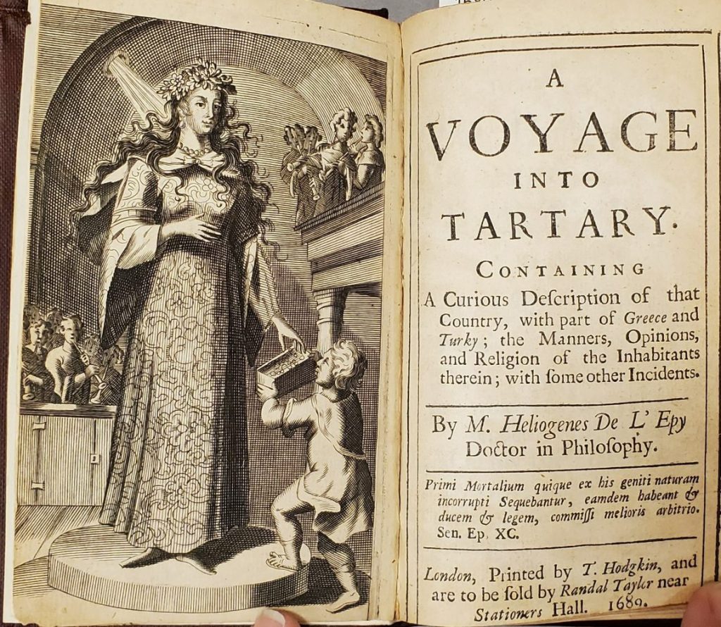 Frontispiece showing imposing woman in a shaft of light, with small child handing her a box of coins; others looking on. Also title page.