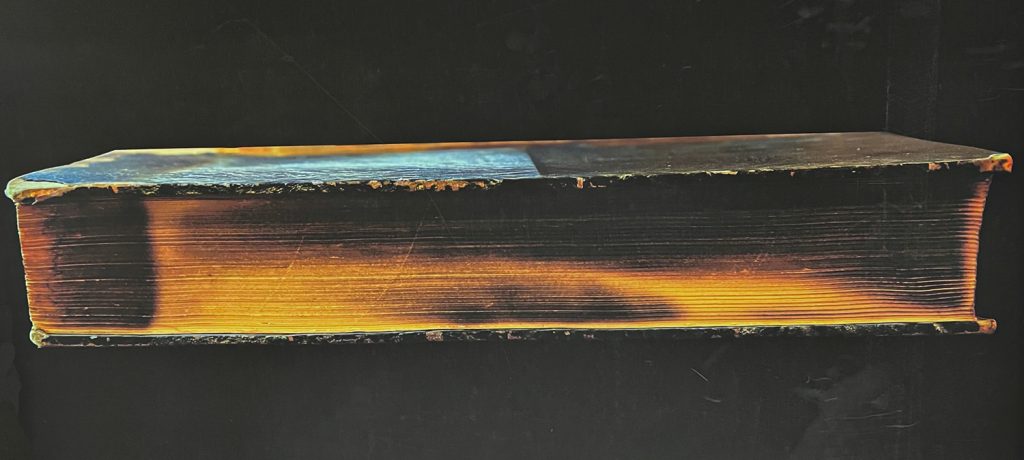 Book burned by Nazis. The scorched book, from the collection of gay physician and sexologist Magnus Hirschfield,