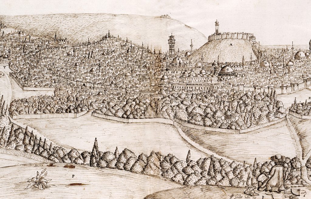early modern illustration of a landscape with hills, trees, and walled city