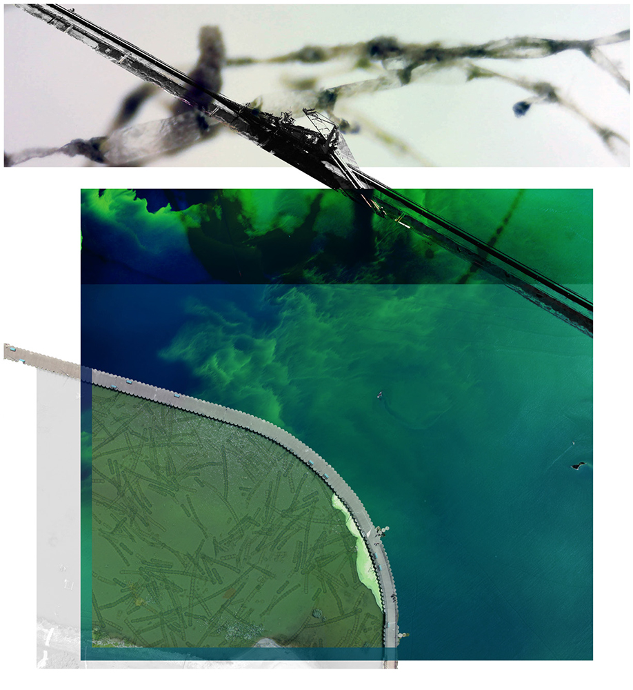 A collage of photos showing water landscapes from the book, Five Bay Landscapes: Curious Explorations of the Great Lakes Basin