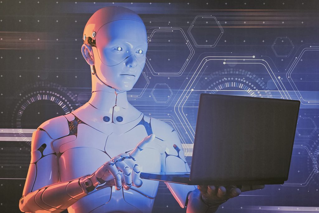 Digital art of an android holding a laptop, created by Darren Terpstra for the exhibit How It Started, How It's Going