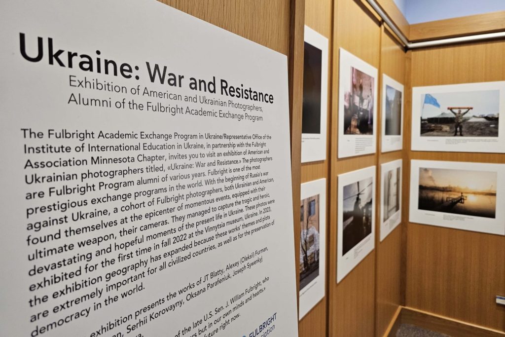 The "Ukraine: War and Resistance" exhibit on display in Elmer L. Andersen Library. (Photo/Karen Carmody-McIntosh)