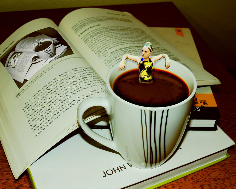 The only way to get though late night studying is by drinking lots and lots of coffee. Although it helps you stay awake, after awhile you start seeing things... This photo depicts a coffee induced hallucination that is not uncommon among college students