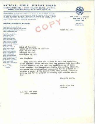 Letter from National Jewish Welfare Board to Office of the Chief of Chaplains, Department of the Army, endorsing Abelson to become a member of the Army Reserve Chaplains, 1951.