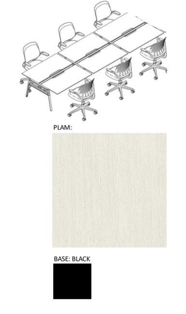 Schematic of long desk with individualized seating and office chairs.