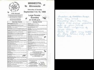  Left: A flyer for the 1995 Boxelder Bug Days festival in Minneota, Minnesota. One of the activities was “The Bill Holm Variety Show”! Right: One of many write-ups about boxelder bugs that Holm collected from students and friends.
