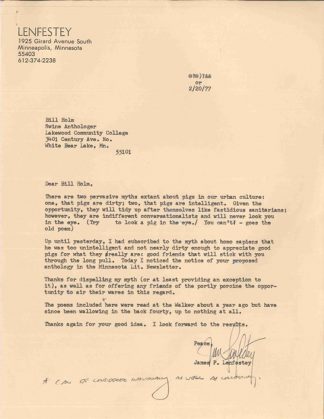  Jim Lenfestey’s letter dated February 20, 1977 regarding Bill Holm’s anthology of pig poems.