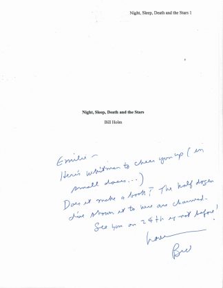 Title page of Bill Holm’s manuscript for his anthology of Walt Whitman poems titled Night, Sleep, Death, and the Stars. The page includes a note to Milkweed Editions Editor Emilie Buchwald. Holm asks her, “Does it make a book?