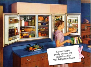Advertisement for a cabinet fridge showing a woman with mid-century modern style cabinet refrigerator. 