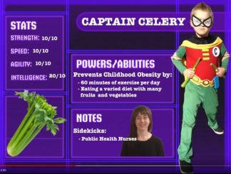 Image presenting Captain Celery's statistics, powers/abilities to prevent obesity, and his sidekicks. 