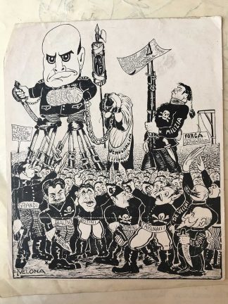 Cartoon depicting Mussolini wearing a medal that reads “Matteotti, from the Immigration History Research Center Archives, Fort Velona Papers.