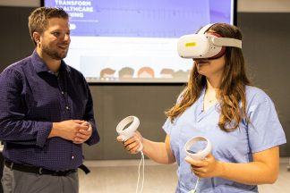Charlie Heinz and Claire Thomas in the VR Studio.