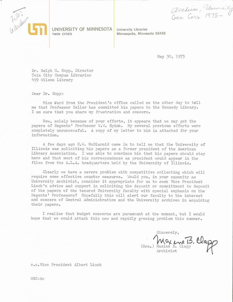 University archivist Maxine Clapp describing the problem of competitive collecting with other institutions in 1975. Regents Professor Walter Heller served Presidents Kennedy and Johnson as Chairman of the President’s Council of Economic Advisers. In 1986, he did donate to University Archives a sizable collection of his University teaching, research, and administration materials.