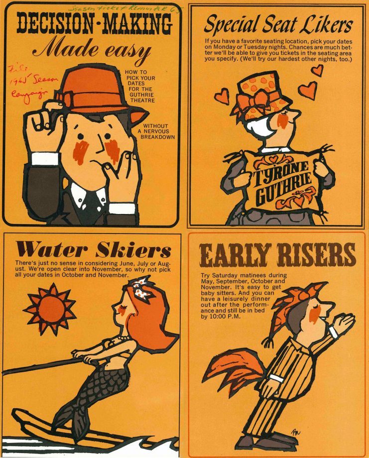 An early promotion from the Guthrie Theater, detailing “How to pick your dates for the Guthrie Theater” . Image courtesy of the Guthrie Theater Records, Performing Arts Archives, University of Minnesota Libraries.