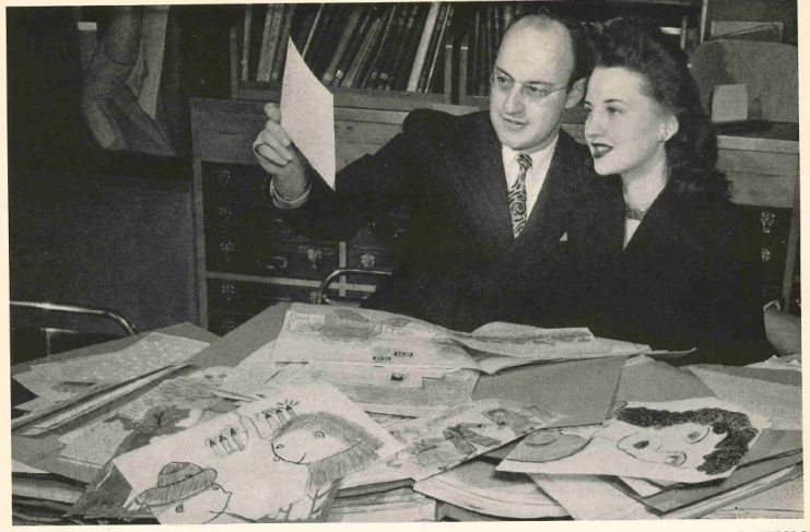 Ken and Betty, "Drawing to Music" announcers, review listener submissions, 1946. 