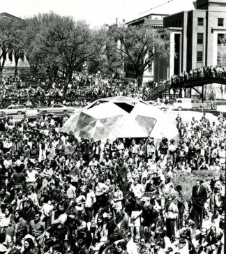 University’s Earth Day campus rally besides the newly built geodesic dome. Senator Walter Mondale, architect Buckminster Fuller and ecologist Paul Ehrlich spoke later. (Photo courtesy Karim Ahmed)