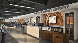 Rendering of the new Health Sciences Library entryway.