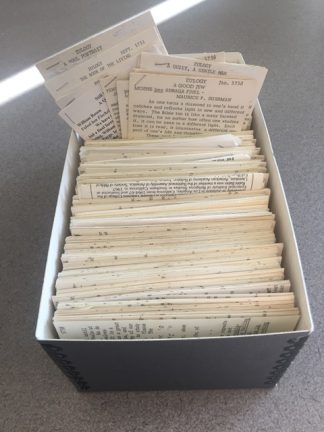 One of five boxes containing the numerous amount of eulogies that Rabbi Abelson gave during his tenure at Beth El.