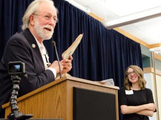 Jim Lenfestey at the 2018 Prairie Poets and Press event, with Kate Hujda.