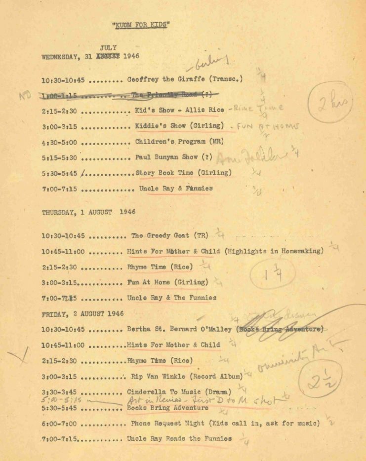 "KUOM for Kids" schedule, July 31, 1946.