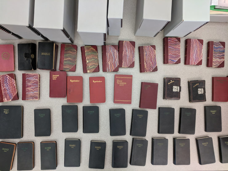 Overhead view of all 44 of Tometaro Kitagawa's diaries spread across a table before being processed.