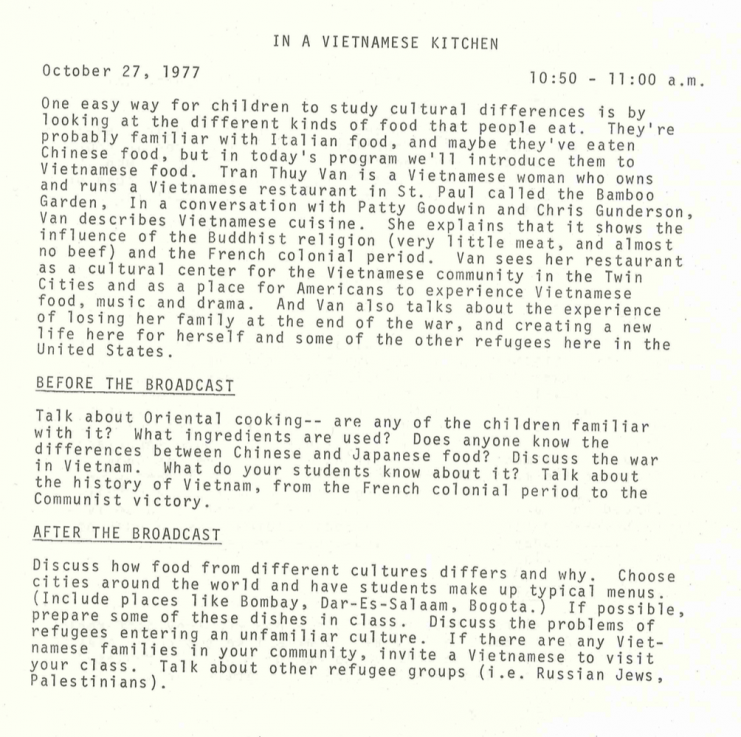 Teacher's Manual for "Look What We Found: In a Vietnamese Kitchen." Available in the University of Minnesota Radio and Television Broadcasting records at the University of Minnesota Archives.