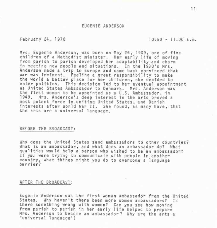 KUOM's Minnesota School of the Air "Minnesota Honor Roll" program teacher handbook curriculum about Eugenie Anderson. After the broadcast, teachers are to ask, "Why haven't there been more women ambassadors? Is there something wrong with women?"