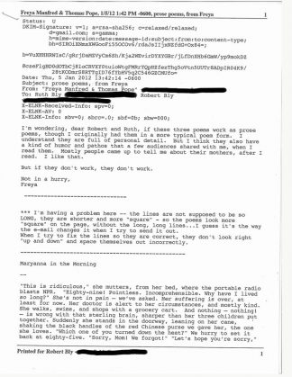 Email from Freya Manfred asking Bly’s opinion about three poems