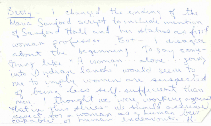 Handwritten note from KUOM producer Michele Cairns to program manager Betty Girling regarding the Maria Sanford script.