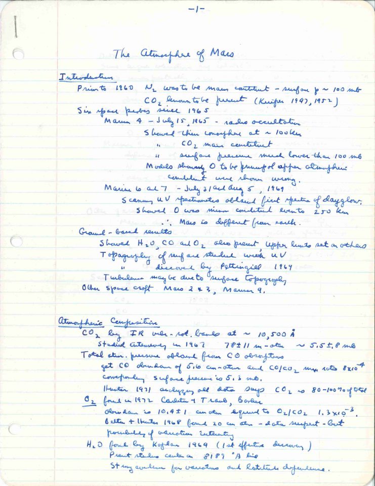 Nier's first draft of "The Atmosphere of Mars," July 1976. Available as part of the Alfred O.C. Nier papers (Box 17, Viking Martian Atmosphere Notes & Reprint), University of Minnesota Archives. 