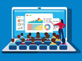 A laptop with an image of a graph with an instructor standing and students sitting on where the laptop keys would be. 