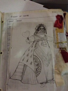 A costume sketch for the Queen of Hearts from Alice and Wonderland. 