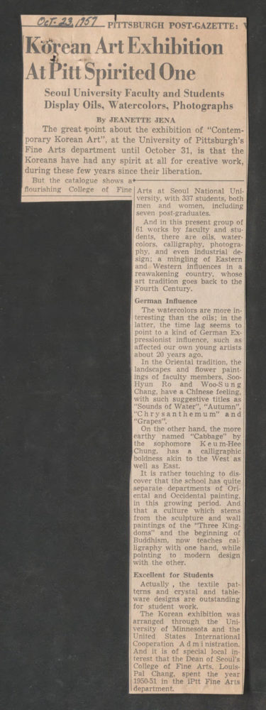 This article entitled, “Korean Art Exhibition at Pitt Spirited One: Seoul University Faculty and Students Display Oils, Watercolors, Photographs” by Jeanette Jena, features the art exchange between SNU and the University of Minnesota and its traveling exhibit at the University of Pittsburgh’s Fine Arts department. Source: University of Minnesota Archives, Frederick R. Weisman Art Museum records (ua-00004): Circulating Exhibition: Korean Art Seoul National University, 1957 (Box 89, Folder 7).