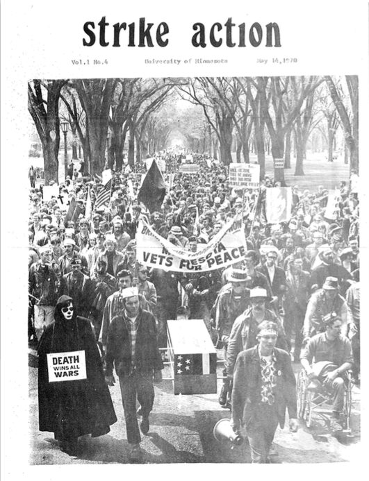 A cover of the strike movement newsletter, Strike Action, which illustrates the rally of demonstrators in May of 1970. Bill Tilton papers, University Archives, University of Minnesota, Twin Cities.