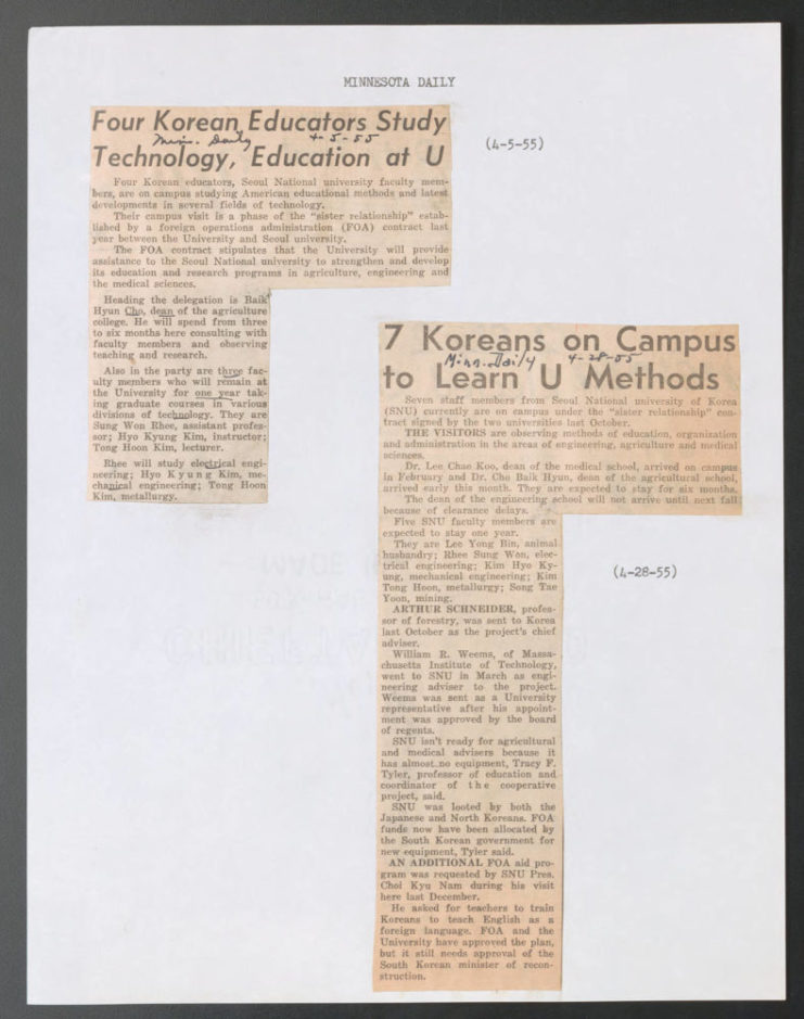 Newspaper clippings from the Minnesota Daily from March of 1955, highlighting the educational experience had by SNU professors at the University of Minnesota. Source: University of Minnesota Archives, Lloyd M. Short papers (uarc 67, uarc 68): Bulletins and Publications (Box 14, Folder 5).