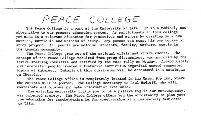 "Peace College" flier. Bill Tilton papers, University Archives, University of Minnesota, Twin Cities.