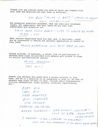 Bill Holm’s author questionnaire from Milkweed Editions for his book Boxelder Bug Variations. Milkweed wanted to know what other books might compete with his book, what kind of experience he had with public appearances and publicity, and to whom they might send advance copies. Holm included Robert and Carol Bly on the list.