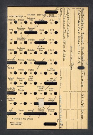 YMCA World War I volunteer Punch Card
